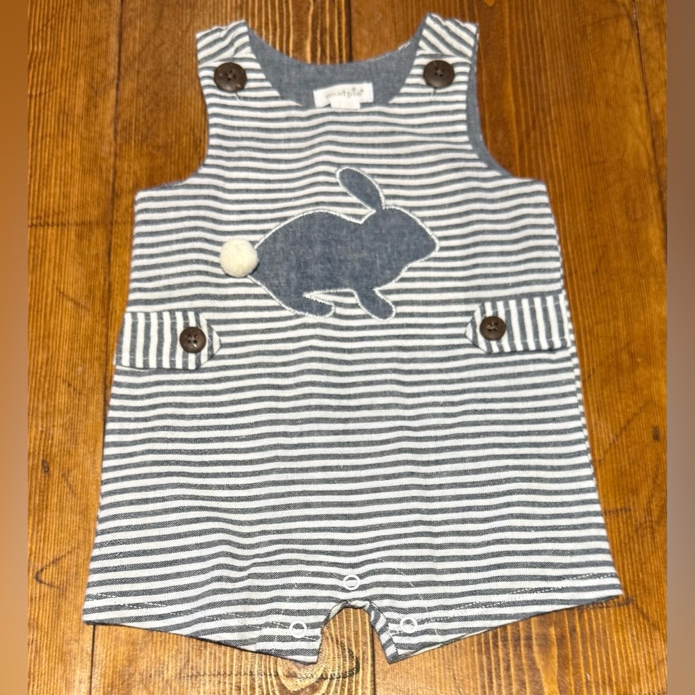 Mud Pie Navy/White Striped & Bunny Romper Baby Boy size 3-6m